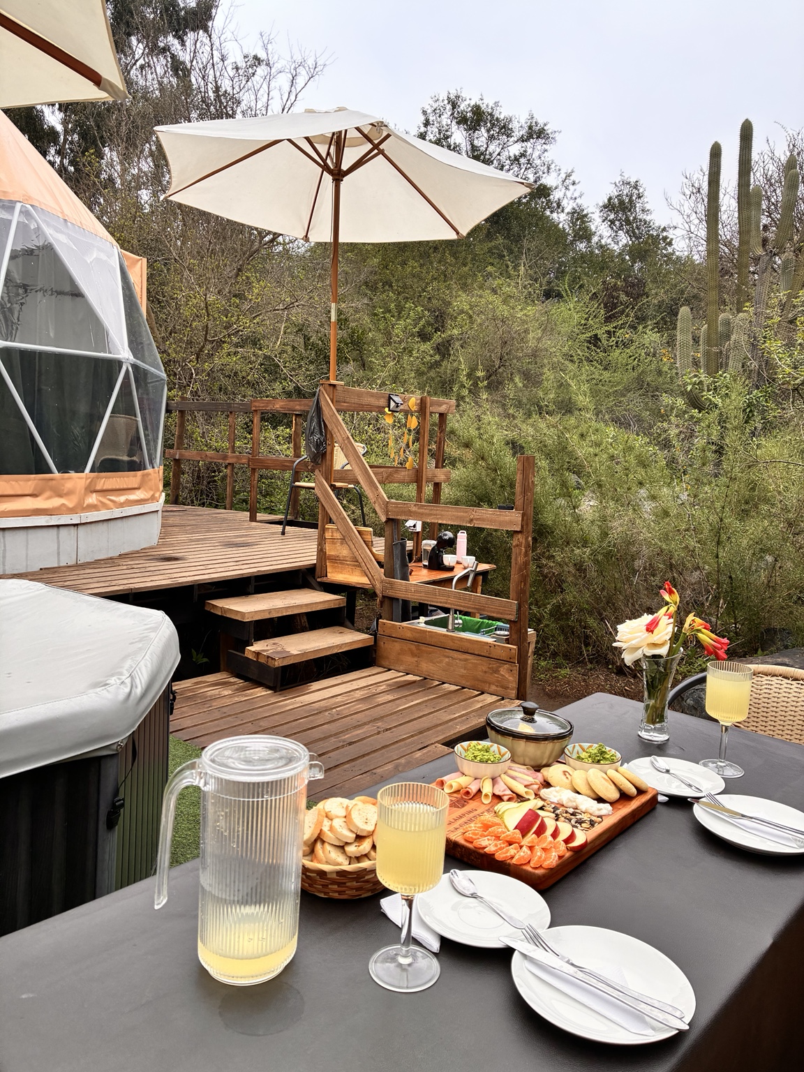 Terraza del domo entre árboles con jacuzzi y mesa preparada